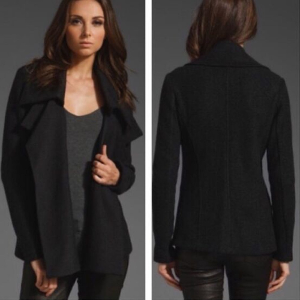 THEORY Riva Classic Cashmere Wool Charcoal Grey Open Cardigan Collared Sweater
